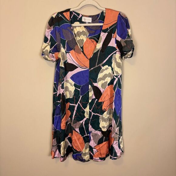 CoreyLynnCalter Anthropologie Blue with Orange, Cream, Purple Patterned Short Sl - Picture 1 of 7